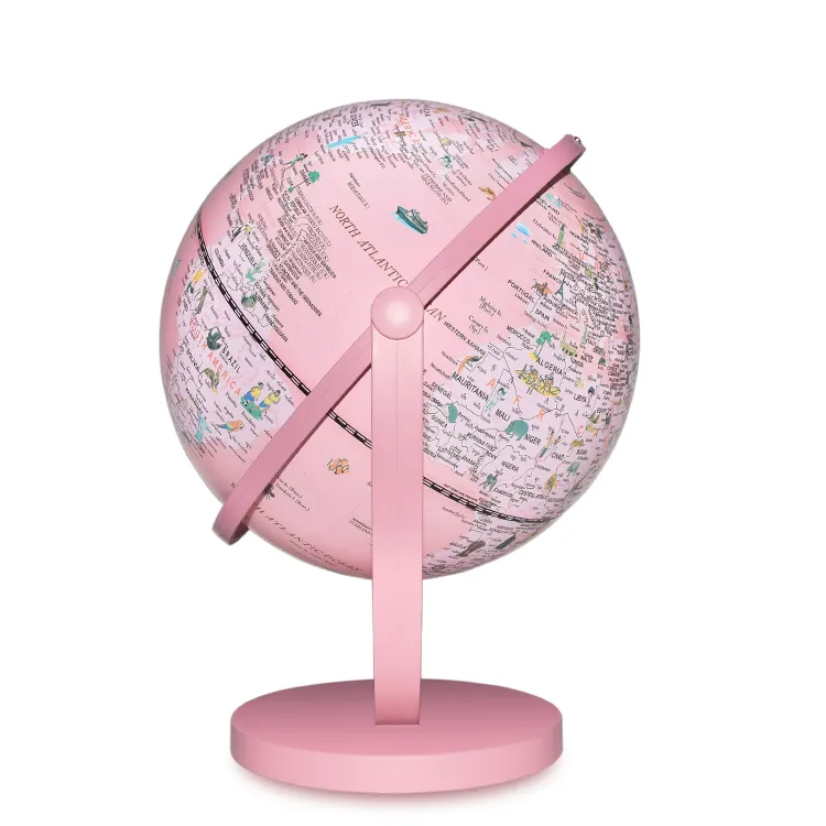 20cm (8") Full-Swing Pink Color Cartoon World Globe with Durable Plastic Base & Meridian detail view 2